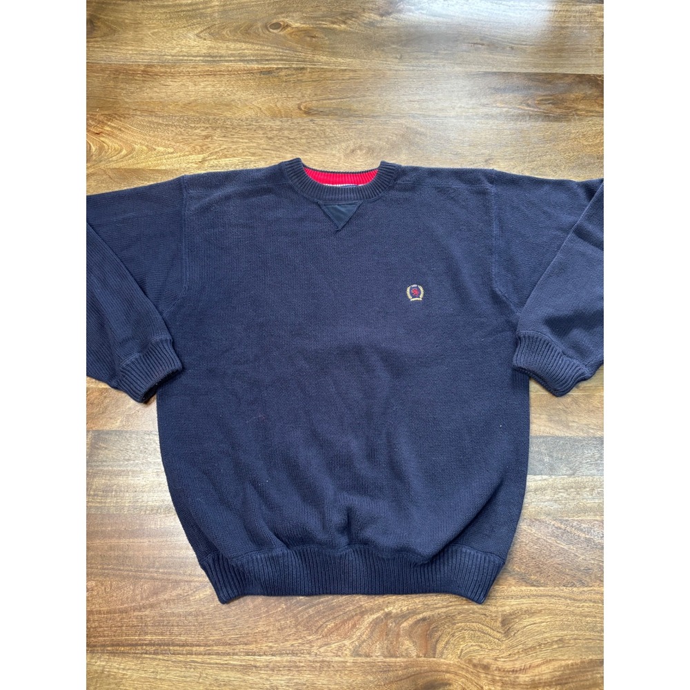 Vintage Tommy Hilfiger Navy Blue Cotton Crewneck Sweater Crest Logo Mens Large